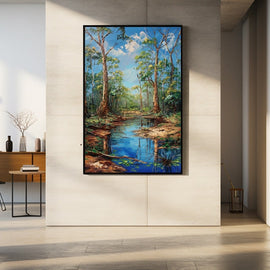 Acrylic painting of a sunlit forest creek between tall gum trees under a blue sky