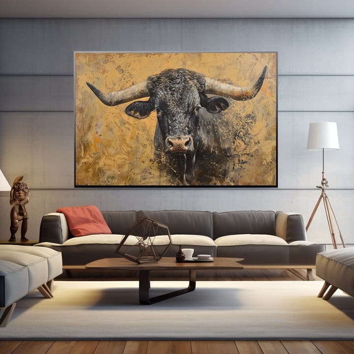 Black bull with sweeping horns on a painterly golden ochre background