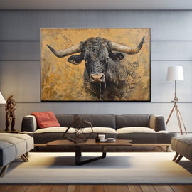 Black bull with sweeping horns on a painterly golden ochre background