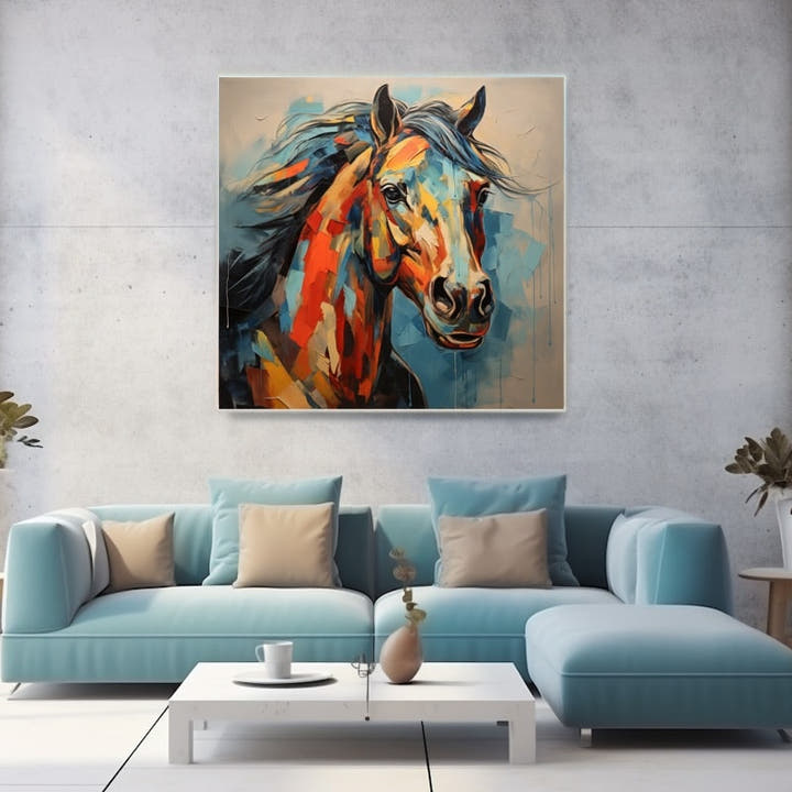 Bold palette-knife horse portrait in orange, teal and blue