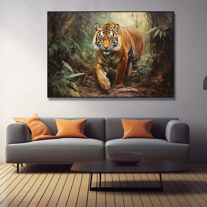 Acrylic painting of a tiger prowling through tropical jungle