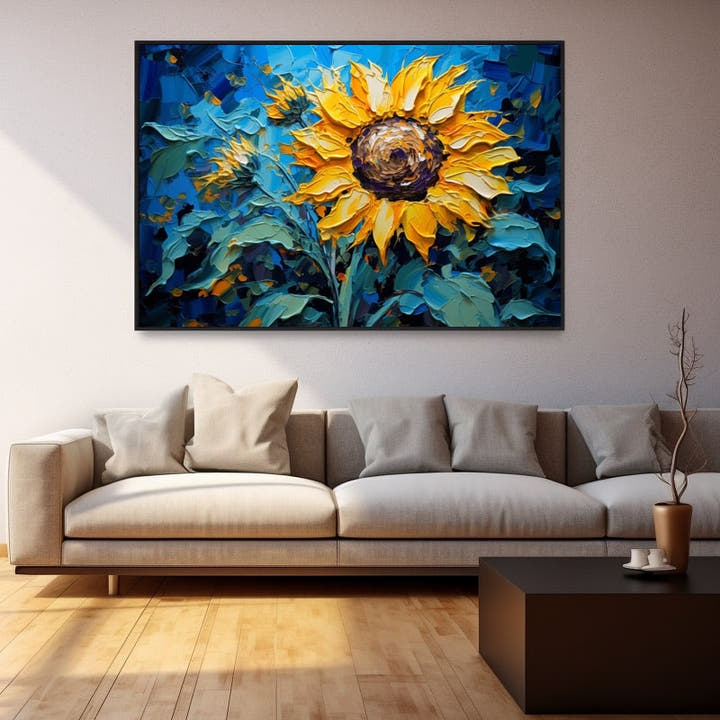 Palette-knife style sunflower painting in impasto-style gold on an electric blue background