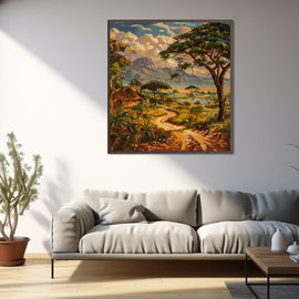 South African landscape painting with ochre path, thatched hut and acacia trees