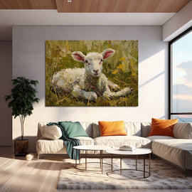 Oil painting of a lamb resting in a green spring meadow with yellow flowers