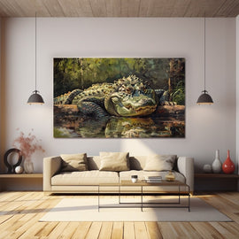 Alligator resting on a fallen log at the edge of a shadowy green swamp