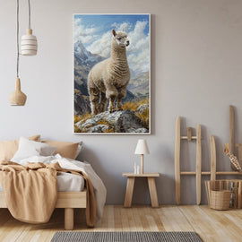 Proud alpaca standing on a rocky peak before snow-capped mountains and a bright blue sky