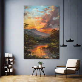 Oil painting of a fiery sunset over a valley and reflecting river