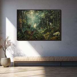 Forest animals painting with wolves and deer in a sunlit woodland clearing