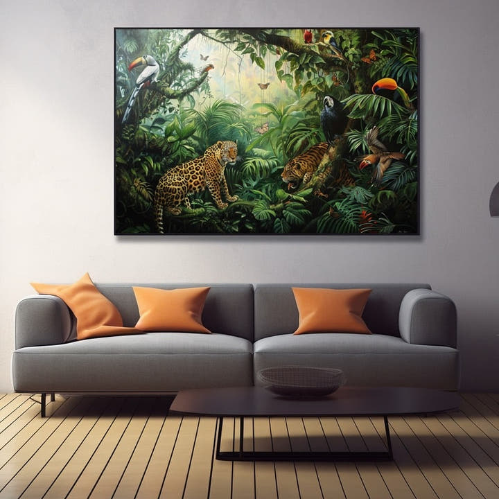 Jungle painting with leopards, toucans and macaws among green foliage