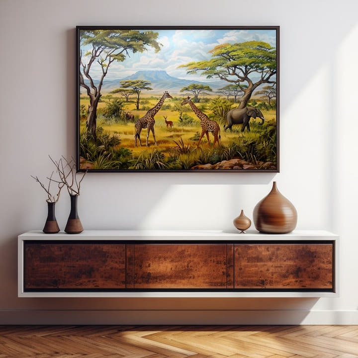 Detailed painting of giraffes, an elephant and antelope in lush green African savanna