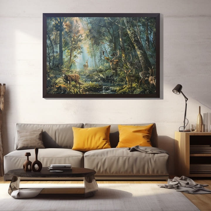 Deer herd by a forest stream painting