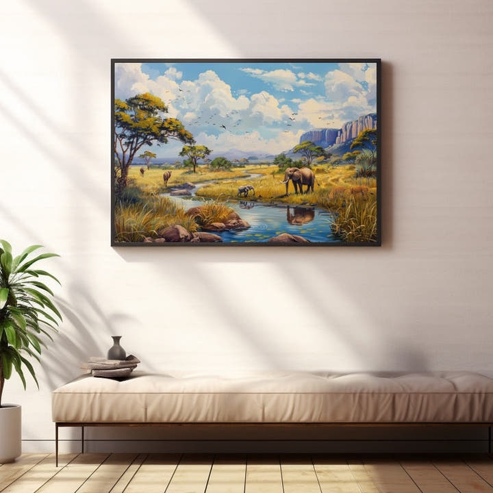 Savanna landscape with elephants at a waterhole