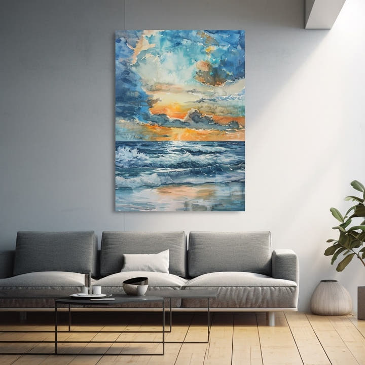 Watercolour painting of an amber sunset over crashing sea waves