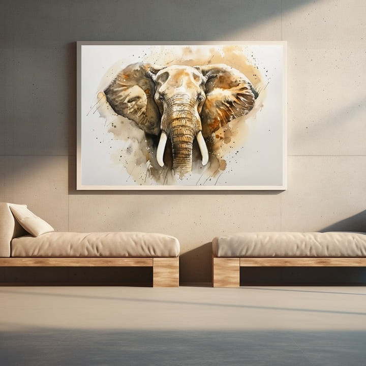 Watercolour portrait of an elephant in sepia and amber tones on white