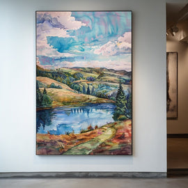 Watercolour painting of rolling hills and a still mountain lake under a colourful sky