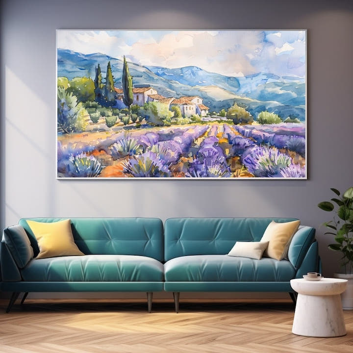 Watercolour of Provence lavender fields with white farmhouses and cypress