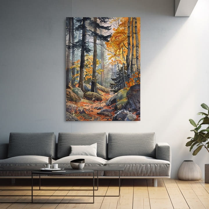 Autumn forest watercolour painting with amber foliage, birch and pine trees and a leafy trail