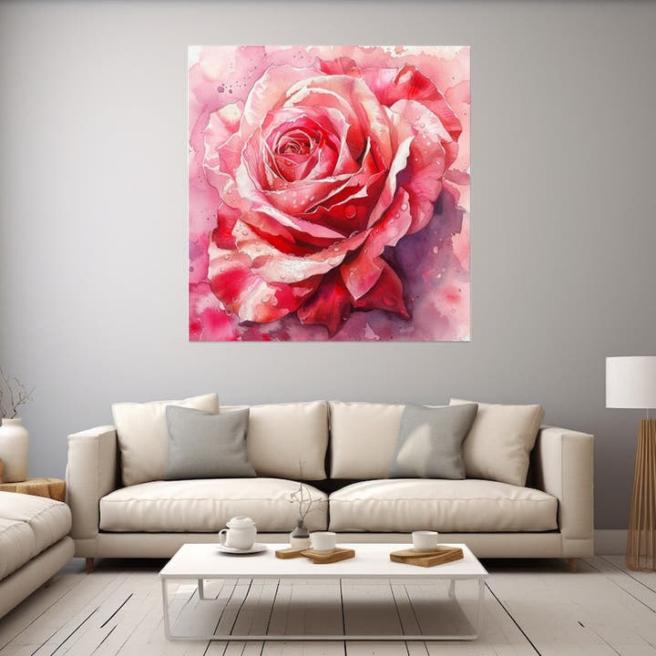Watercolour painting of a single dewy rose in coral and blush pink