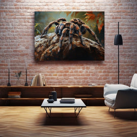 Painting of a brown tarantula on stone among autumn leaves