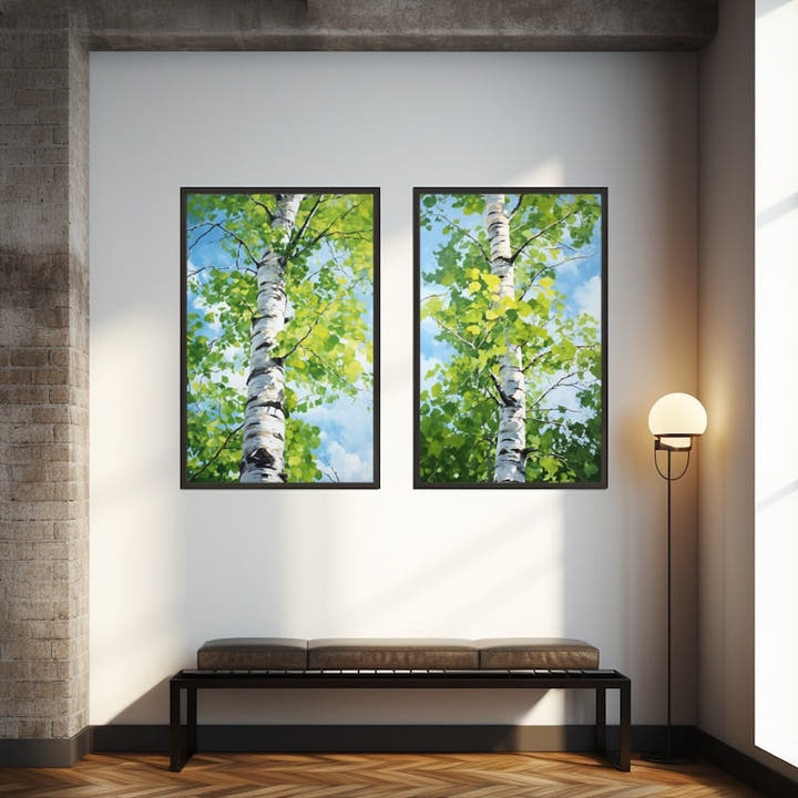 Painting of two birch trunks rising into a bright green canopy