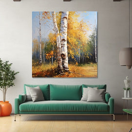 Birch trees painting with white bark and golden autumn leaves under a blue sky