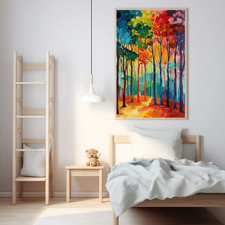 Bright folk-art painting of slender forest trees in bold primary colours, vertical format