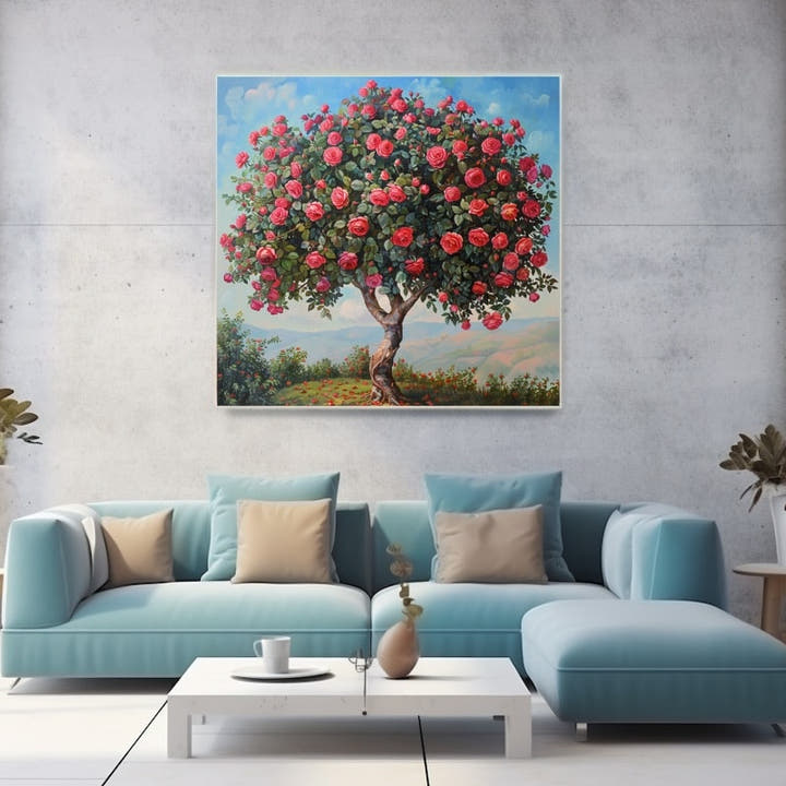 Painting of a rose tree in full bloom with pink and crimson roses above rolling hills