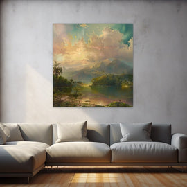Romantic valley landscape with mountains, palms and lake under a golden sky