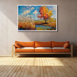 Palette-knife landscape painting of an autumn tree by a river in scarlet and gold