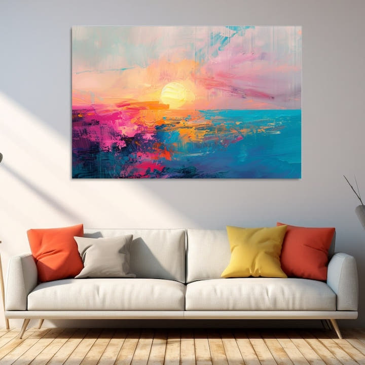 Vibrant abstract sea painting of a glowing sunset in coral, magenta and turquoise