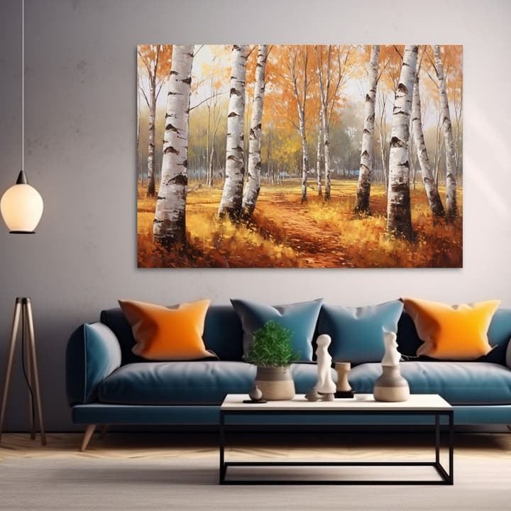 Sunlit autumn birch grove painting with a winding path through golden meadow grass