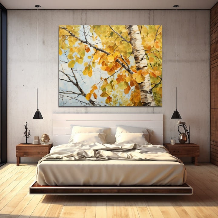 Painting of a birch tree in autumn seen from below against a blue sky