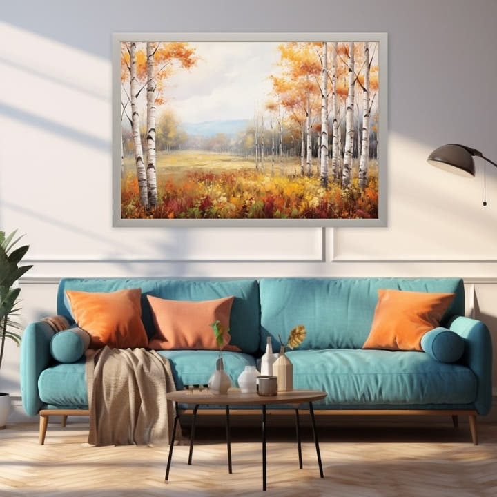 White birch grove in autumn with golden foliage and a wildflower meadow painting