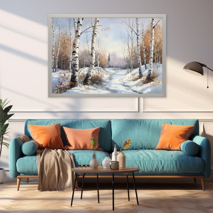 Snowy birch forest painting with a winding path under a pale winter sky