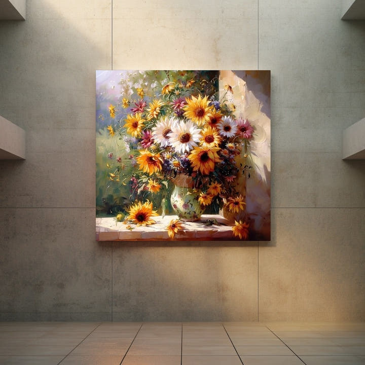 Painting of sunflowers and daisies in a patterned vase on a sunlit windowsill