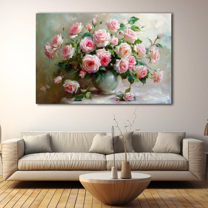 Oil painting of a pink roses bouquet cascading from a pale vase