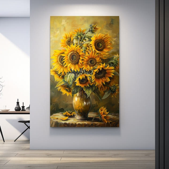 Oil still life of a golden sunflower bouquet in an earthenware vase