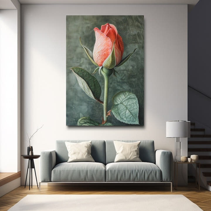 Single coral rosebud on a muted sage background, botanical study