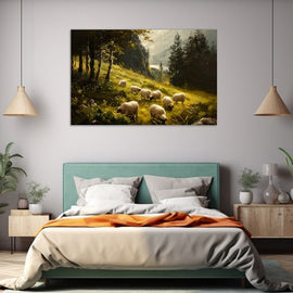 Oil painting of sheep grazing in a sunlit forest clearing with pine trees and distant hills