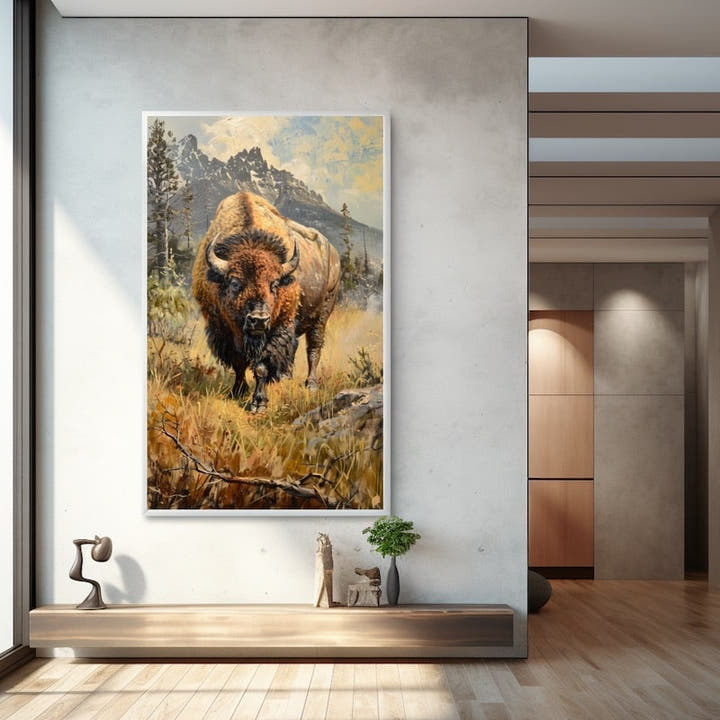 Oil-style painting of a bison walking through golden prairie grass below snow-flecked mountain peaks