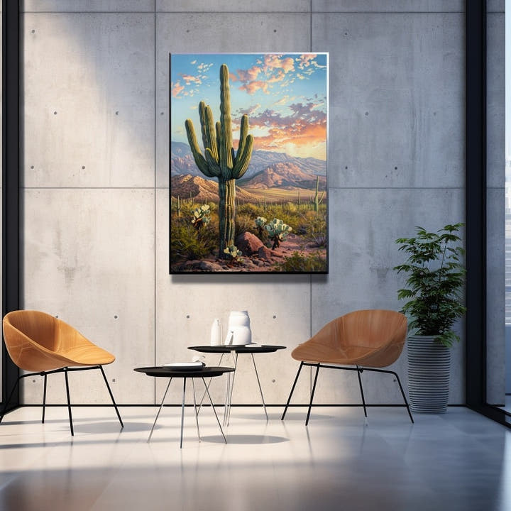 Painting of a lone saguaro cactus at sunset with mountains and glowing clouds