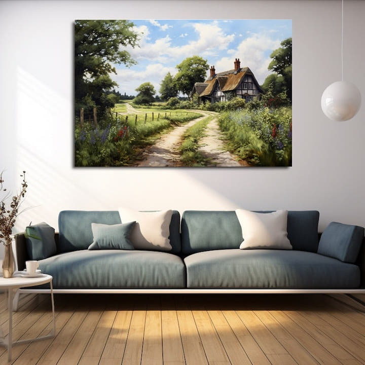 Timber-framed thatched cottage at the end of a wildflower-lined country lane under a summer sky