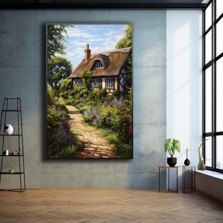 Thatched English cottage painting with a lavender garden path