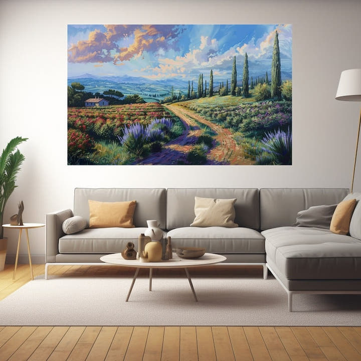 Painted Provencal landscape with a winding track, lavender, poppies and cypress trees
