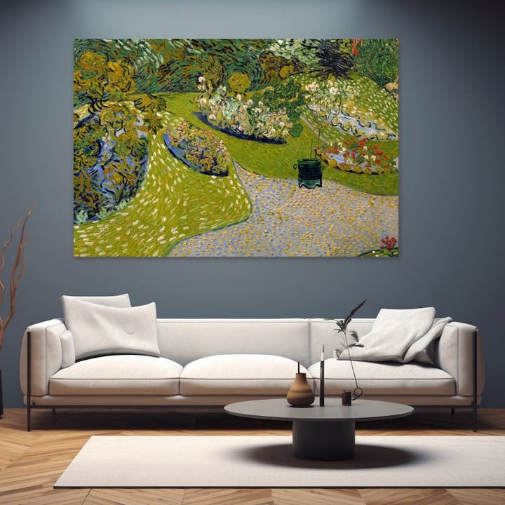 Post-Impressionist garden painting with swirling green lawns and bright flower beds