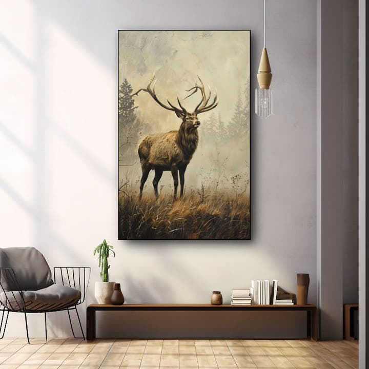 Red stag with large antlers in a misty autumn meadow