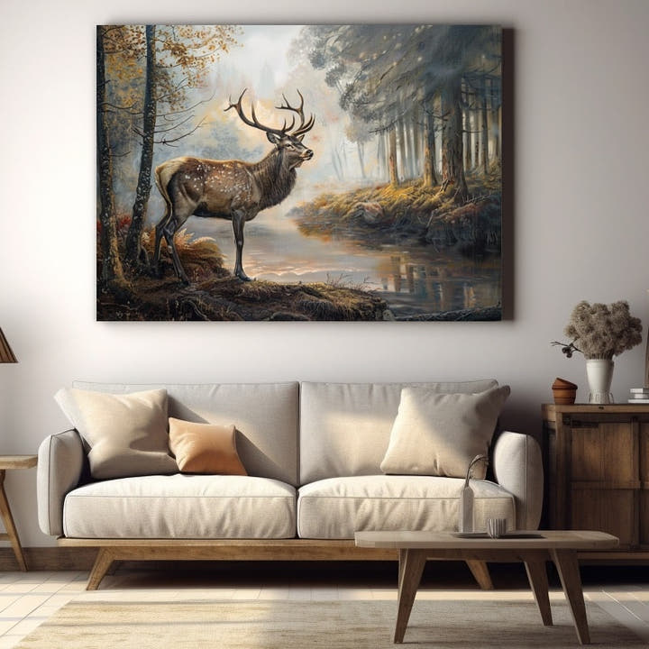 Painting of a red stag by a misty autumn woodland stream