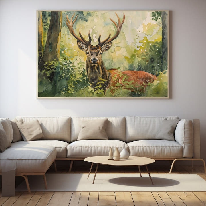 Watercolour painting of a red stag with large antlers standing in a green woodland