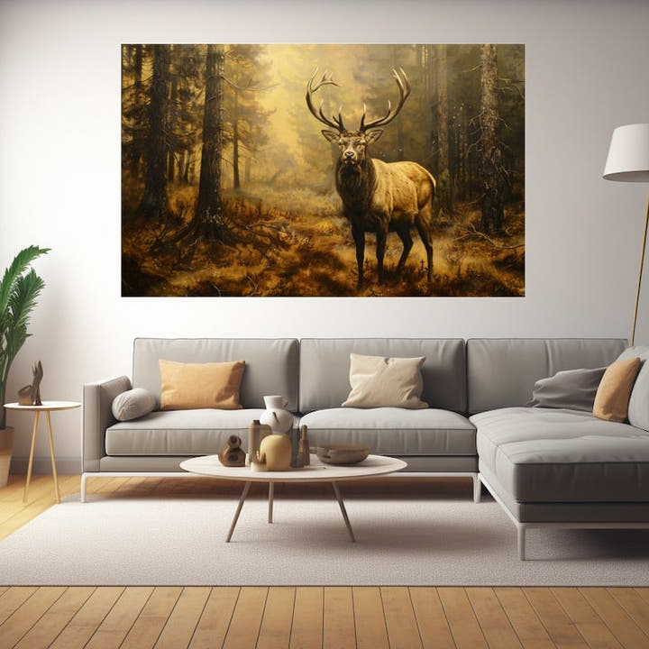 Red stag in a golden sunlit forest oil painting