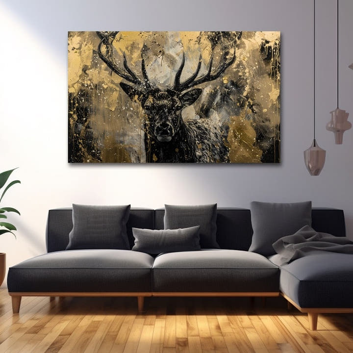 Modern deer painting of a stag in black and metallic gold
